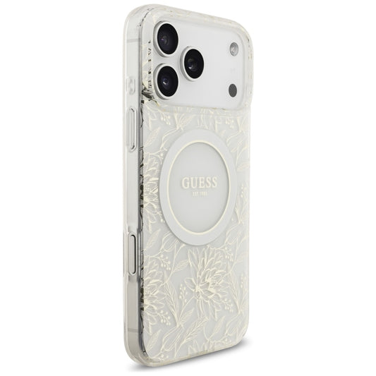 Калъф MagSafe за Apple iPhone 17 Pro Max, Guess, IML Flowers Allover Electroplated with Pearl Strap, Бял