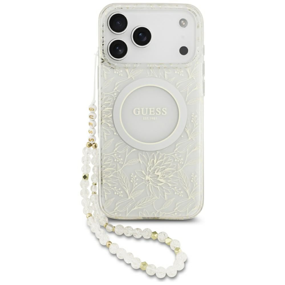 Калъф MagSafe за Apple iPhone 17 Pro Max, Guess, IML Flowers Allover Electroplated with Pearl Strap, Бял