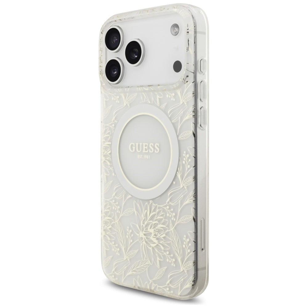 Калъф MagSafe за Apple iPhone 17 Pro Max, Guess, IML Flowers Allover Electroplated with Pearl Strap, Бял