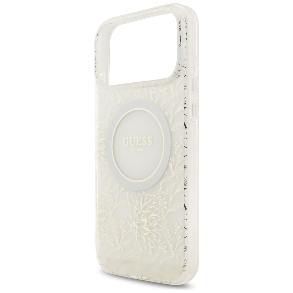 Калъф MagSafe за Apple iPhone 17 Pro Max, Guess, IML Flowers Allover Electroplated with Pearl Strap, Бял