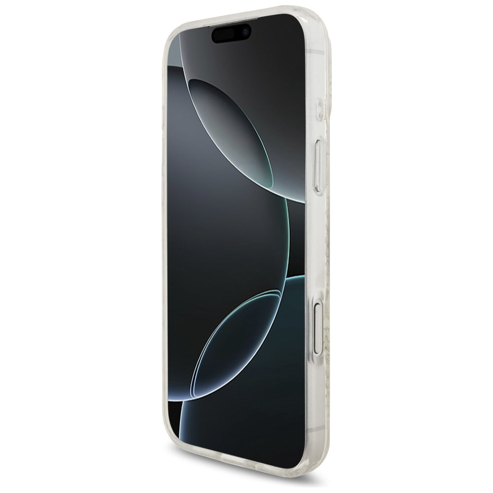 Калъф MagSafe за Apple iPhone 17 Pro Max, Guess, IML Flowers Allover Electroplated with Pearl Strap, Бял