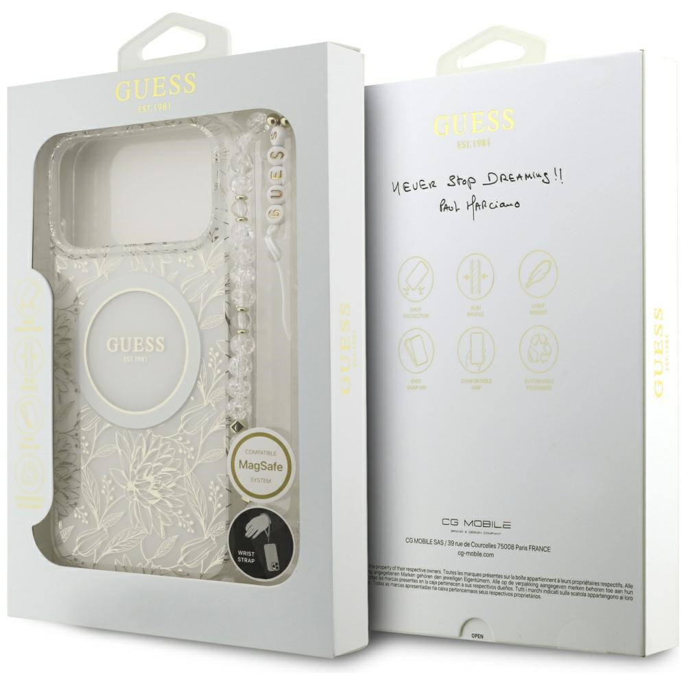 Калъф MagSafe за Apple iPhone 17 Pro Max, Guess, IML Flowers Allover Electroplated with Pearl Strap, Бял