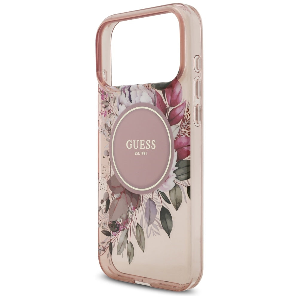 Калъф MagSafe за Apple iPhone 17 Pro Max, Guess, IML Flowers with Pearl Strap, Розов