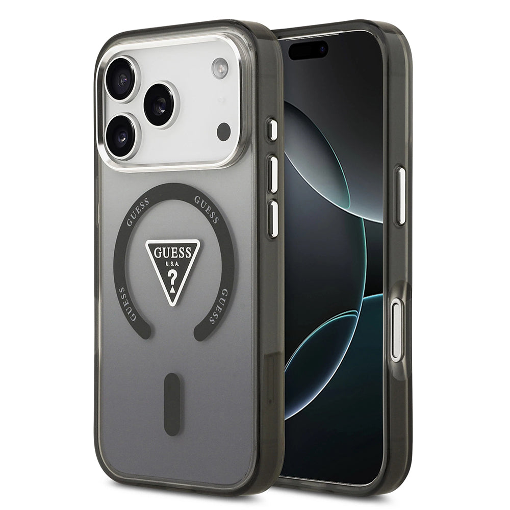 Калъф MagSafe за Apple iPhone 17 Pro Max, Guess, IML Gradient Triangle Logo, Черен Сребрист