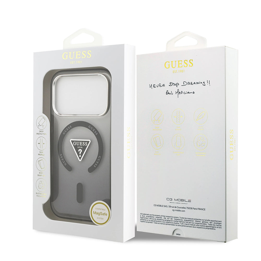 Калъф MagSafe за Apple iPhone 17 Pro Max, Guess, IML Gradient Triangle Logo, Черен Сребрист