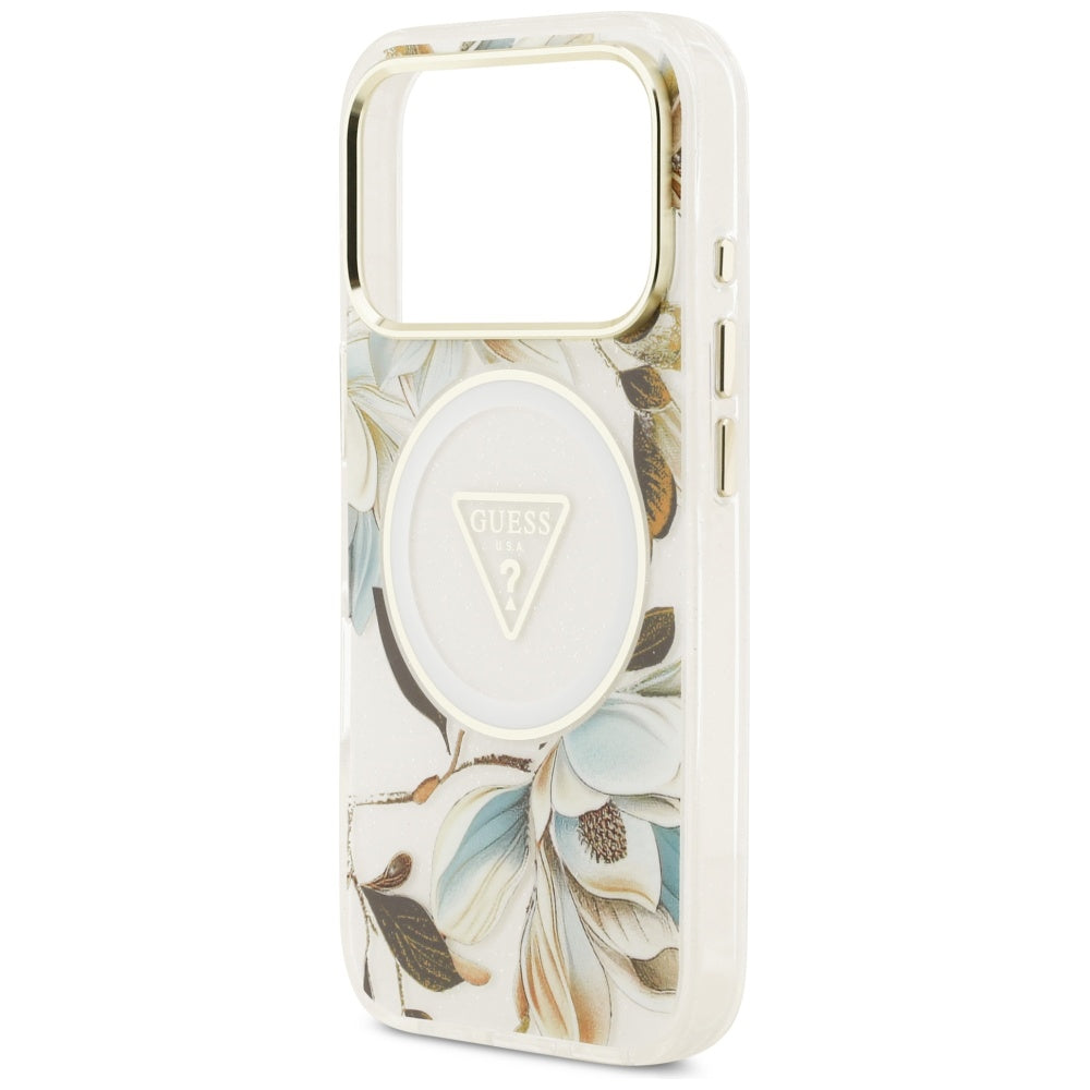 Калъф MagSafe за Apple iPhone 17 Pro Max, Guess, IML Metal Glitter Flowers Triangle, Бял