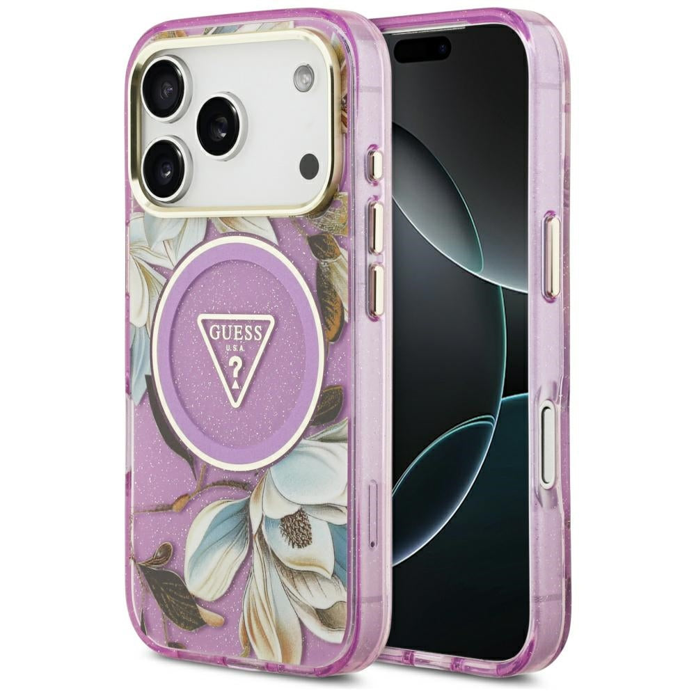 Калъф MagSafe за Apple iPhone 17 Pro Max, Guess, IML Metal Glitter Flowers Triangle, Лилав