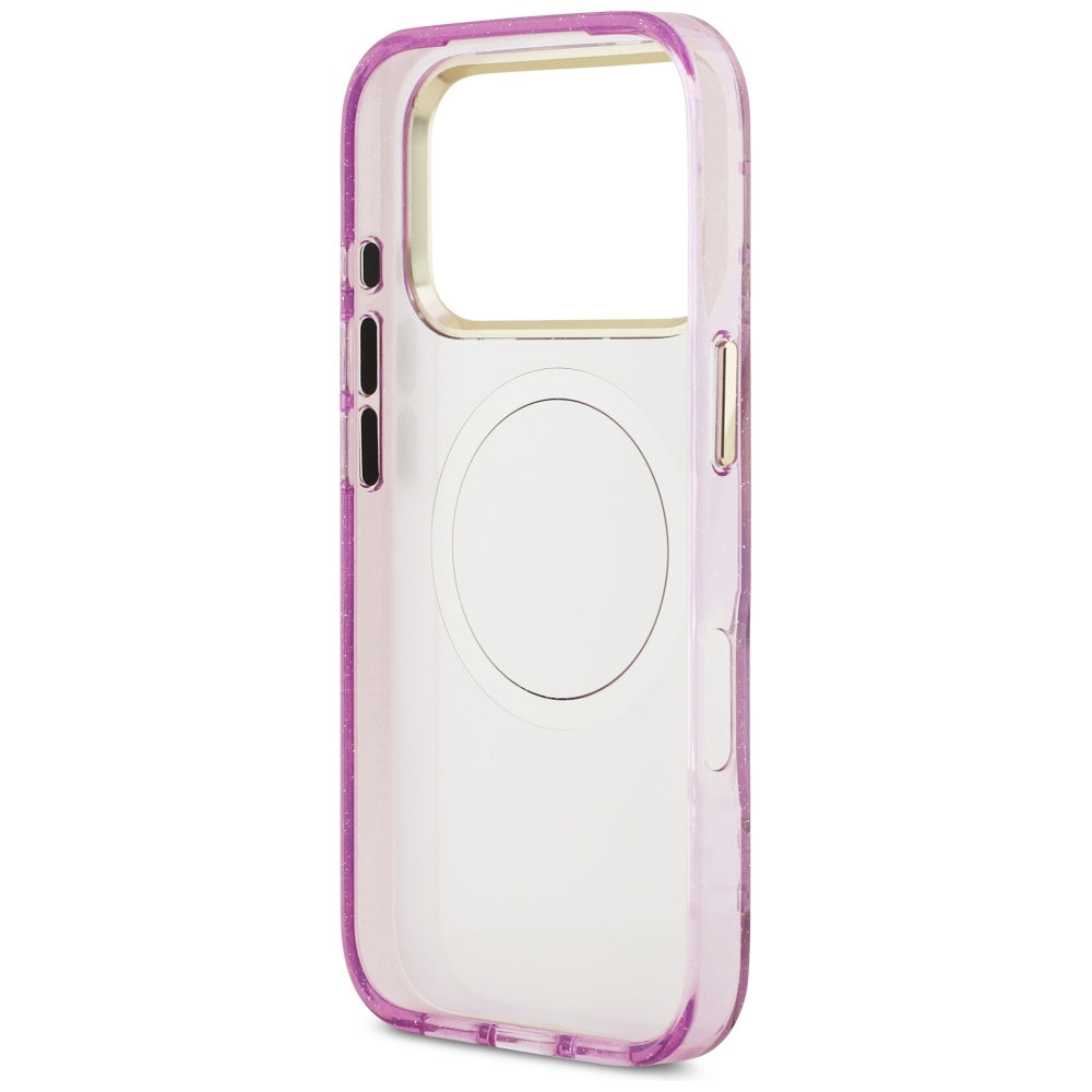 Калъф MagSafe за Apple iPhone 17 Pro Max, Guess, IML Metal Glitter Flowers Triangle, Лилав