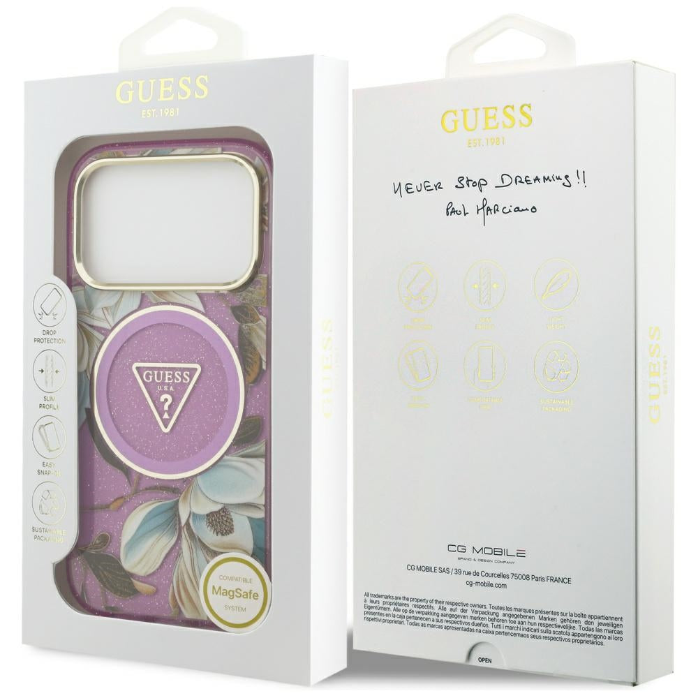 Калъф MagSafe за Apple iPhone 17 Pro Max, Guess, IML Metal Glitter Flowers Triangle, Лилав