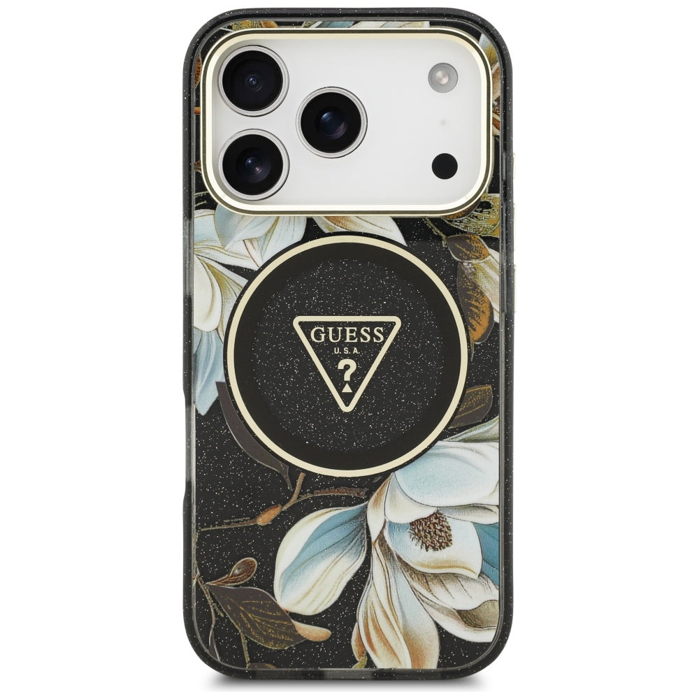 Калъф MagSafe за Apple iPhone 17 Pro Max, Guess, IML Metal Glitter Flowers Triangle, Черен