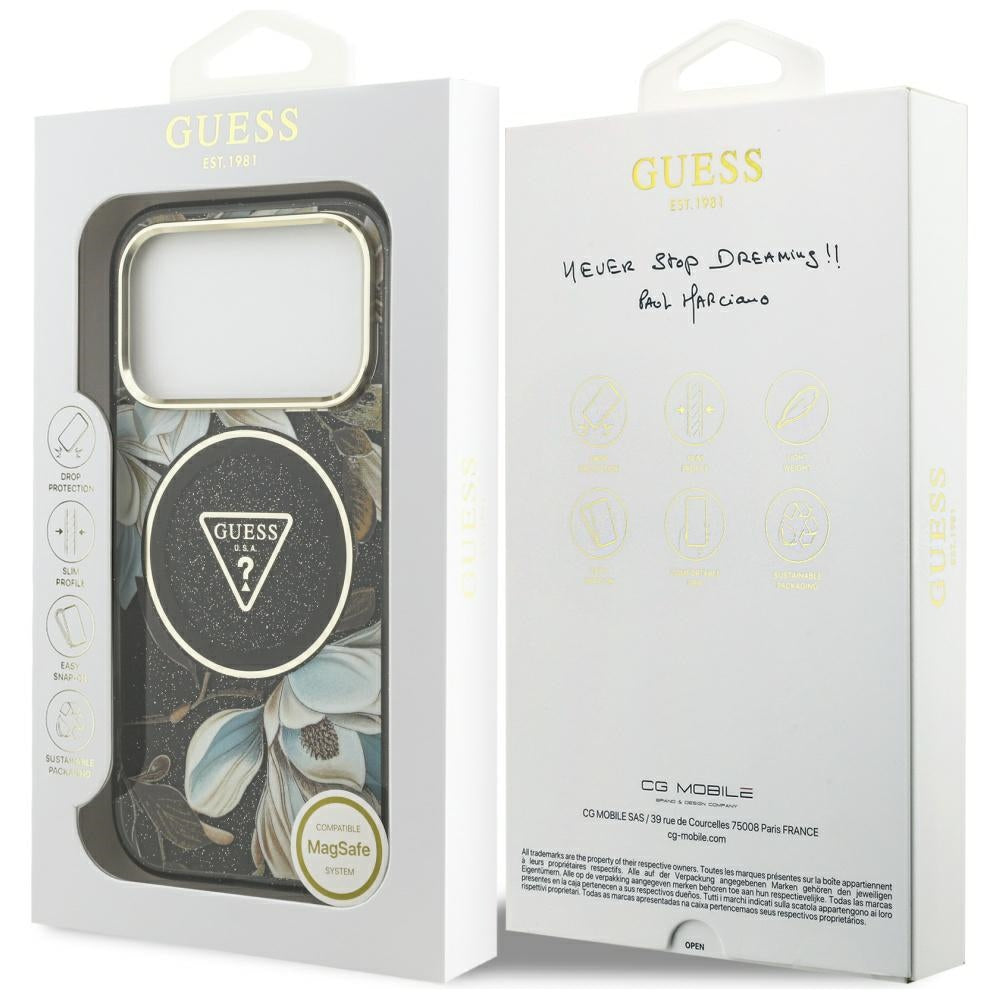 Калъф MagSafe за Apple iPhone 17 Pro Max, Guess, IML Metal Glitter Flowers Triangle, Черен