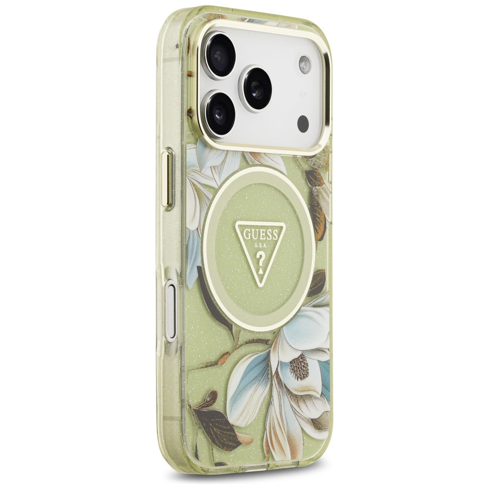Калъф MagSafe за Apple iPhone 17 Pro Max, Guess, IML Metal Glitter Flowers Triangle, Зелен