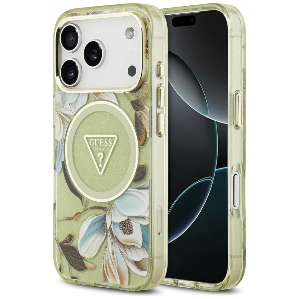 Калъф MagSafe за Apple iPhone 17 Pro Max, Guess, IML Metal Glitter Flowers Triangle, Зелен