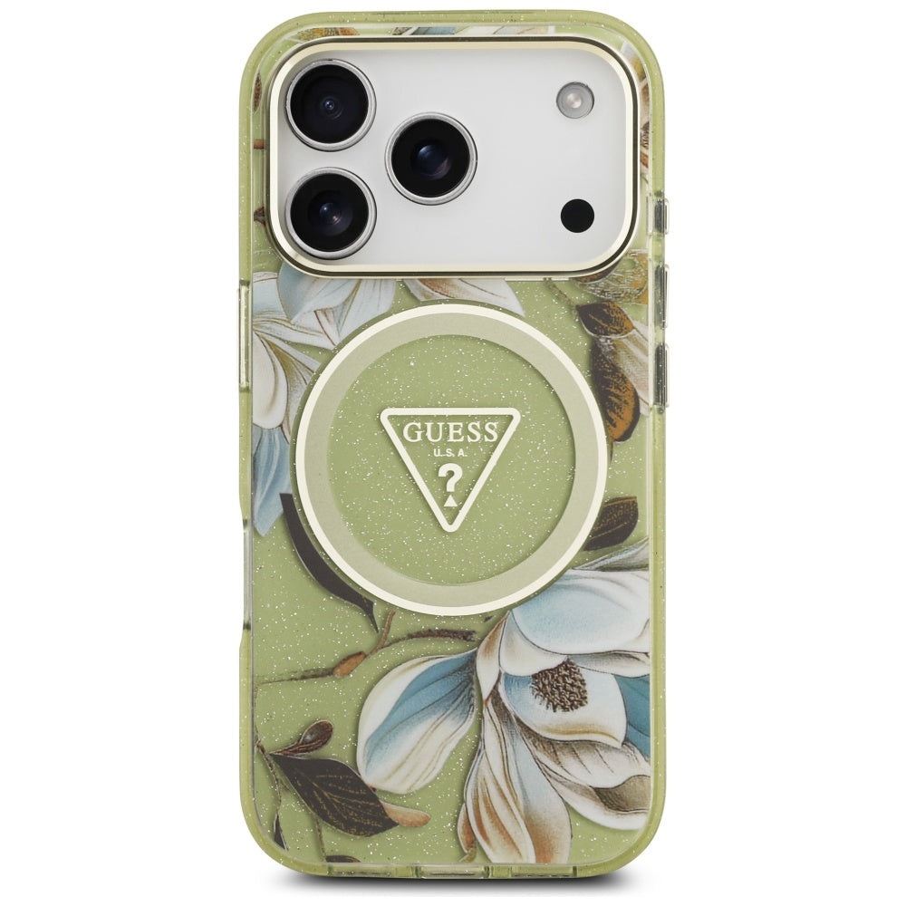 Калъф MagSafe за Apple iPhone 17 Pro Max, Guess, IML Metal Glitter Flowers Triangle, Зелен