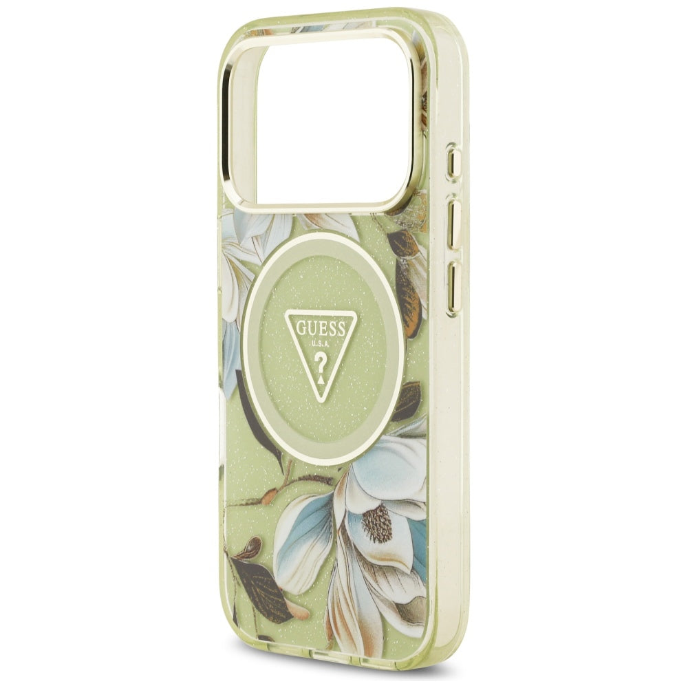 Калъф MagSafe за Apple iPhone 17 Pro Max, Guess, IML Metal Glitter Flowers Triangle, Зелен