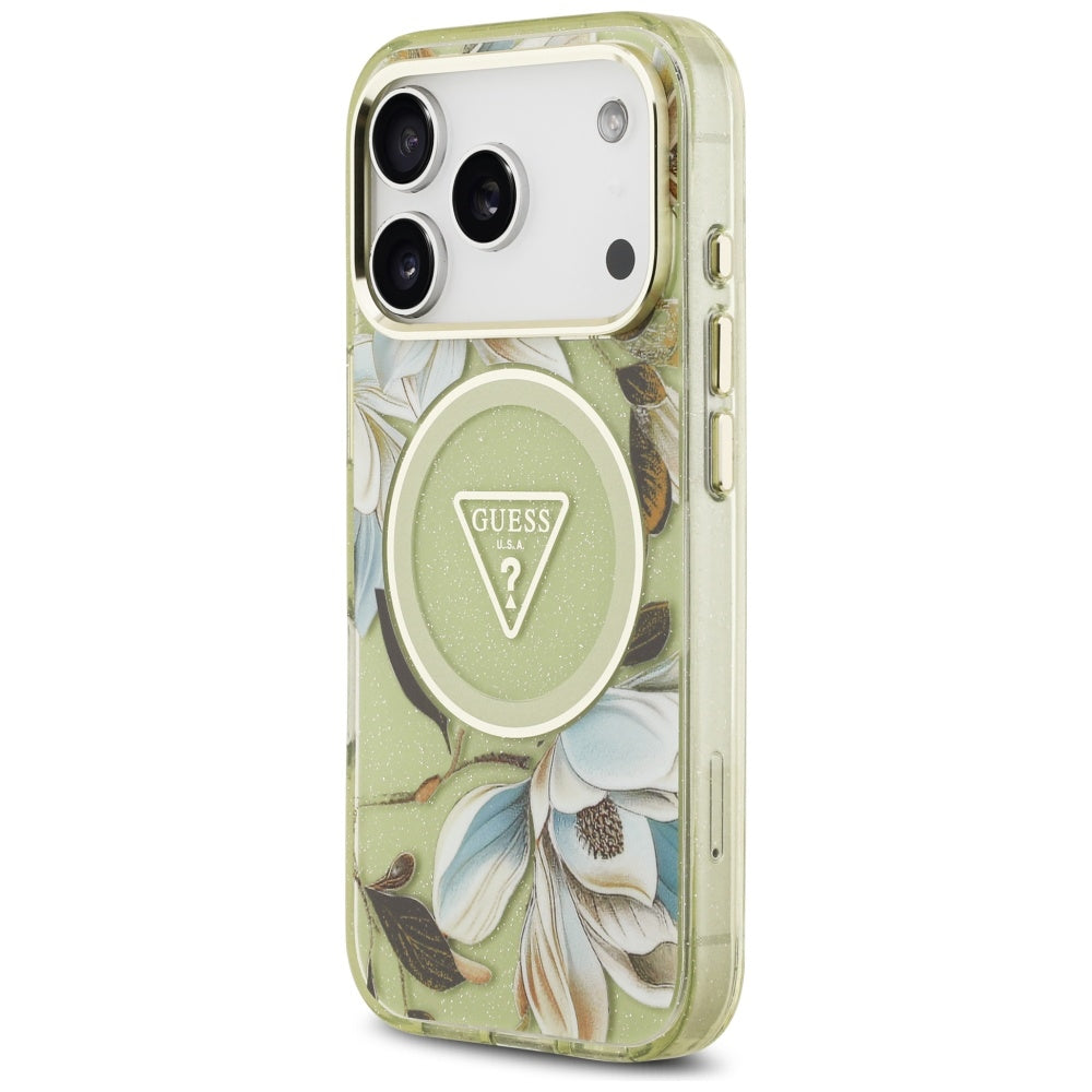 Калъф MagSafe за Apple iPhone 17 Pro Max, Guess, IML Metal Glitter Flowers Triangle, Зелен