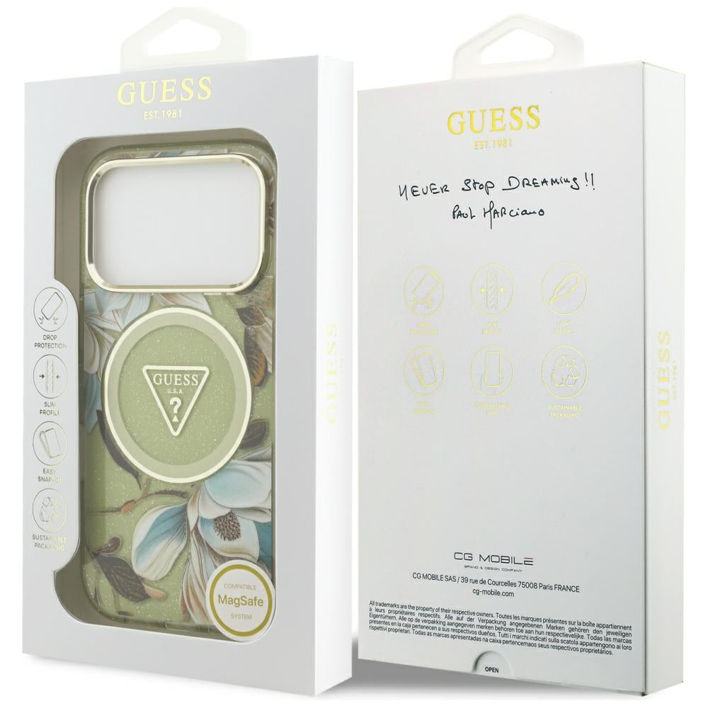 Калъф MagSafe за Apple iPhone 17 Pro Max, Guess, IML Metal Glitter Flowers Triangle, Зелен