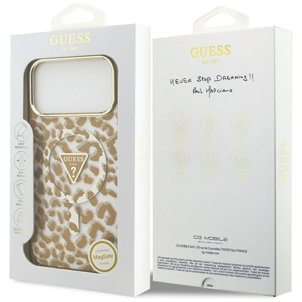 Калъф MagSafe за Apple iPhone 17 Pro Max, Guess, Leopard Glitter, Кафяв