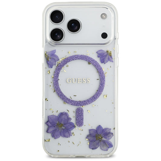 Калъф MagSafe за Apple iPhone 17 Pro Max, Guess, Resin Flowers and Glitter, Лилав