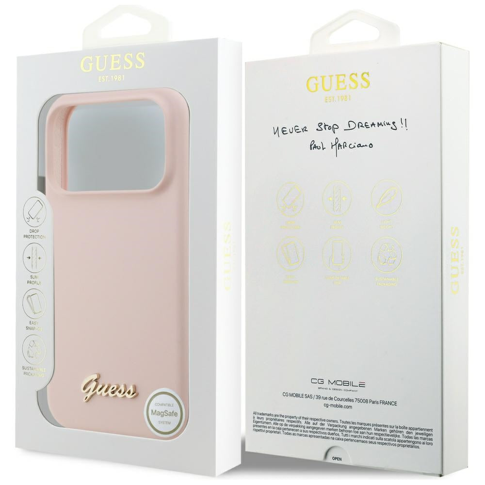 Калъф MagSafe за Apple iPhone 17 Pro Max, Guess, Script Metal Logo, Светлорозов