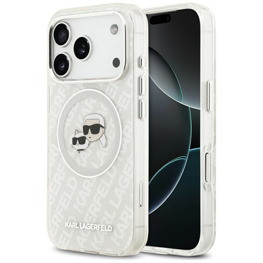 Калъф MagSafe за Apple iPhone 17 Pro Max, Karl Lagerfeld, Glitter Karl & Choupette Head, Бял