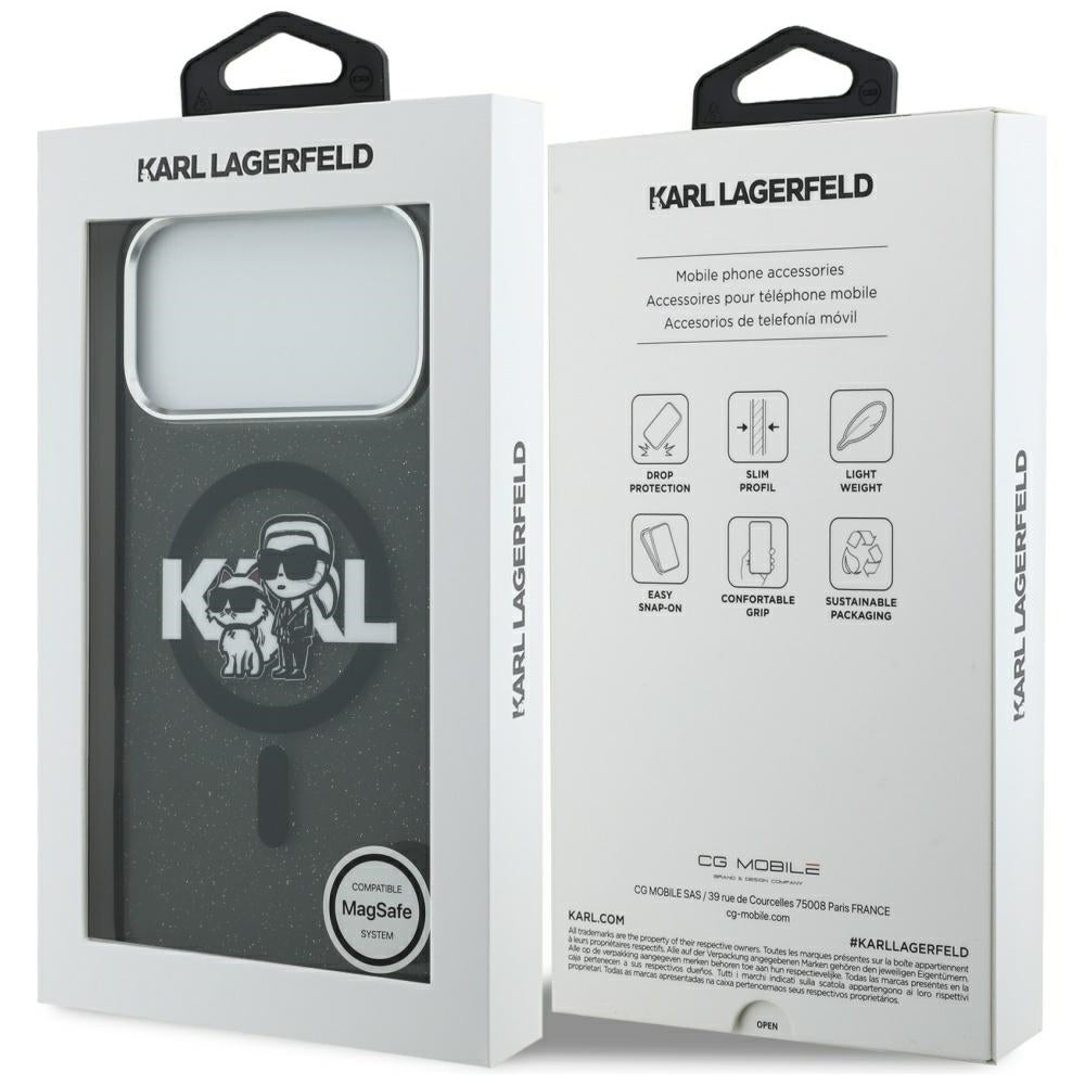 Калъф MagSafe за Apple iPhone 17 Pro Max, Karl Lagerfeld, IML Sketch Logo Glitter Karl & Choupette, Черен