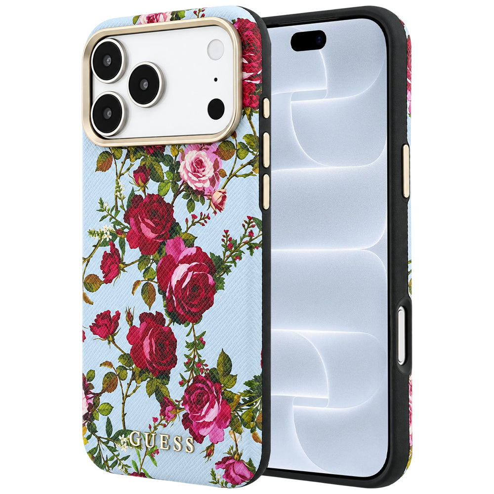 Калъф MagSafe за Apple iPhone 18 Pro / 17 Pro, Guess, Blossom Roses Print, синьо-небесен