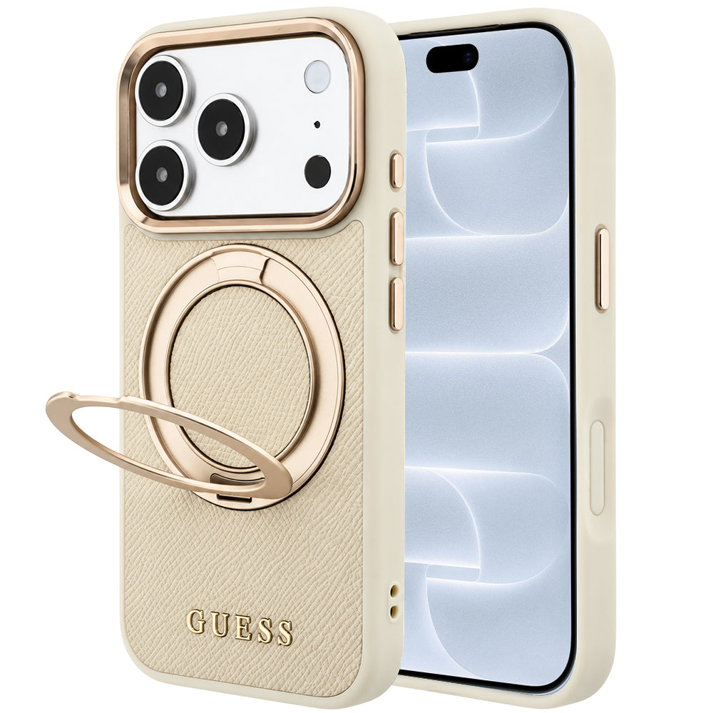 Калъф MagSafe за Apple iPhone 18 Pro / 17 Pro, Guess, Grained Ring Stand 360 Classic, бежов