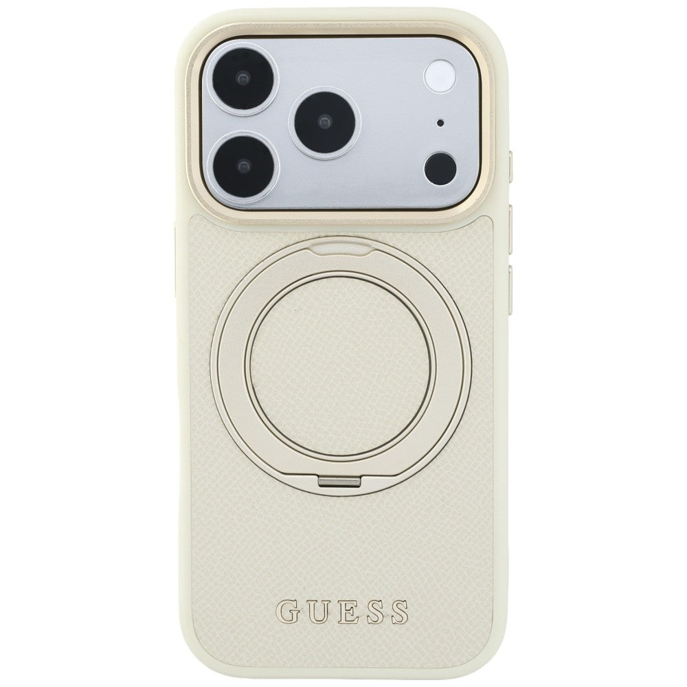 Калъф MagSafe за Apple iPhone 18 Pro / 17 Pro, Guess, Grained Ring Stand 360 Classic, бежов