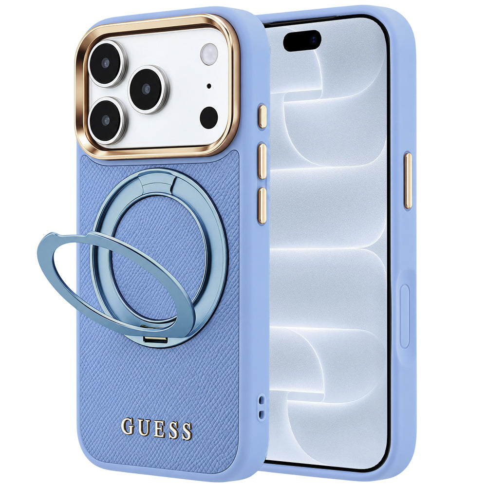 Калъф MagSafe за Apple iPhone 18 Pro / 17 Pro, Guess, Grained Ring Stand 360 Classic, синьо