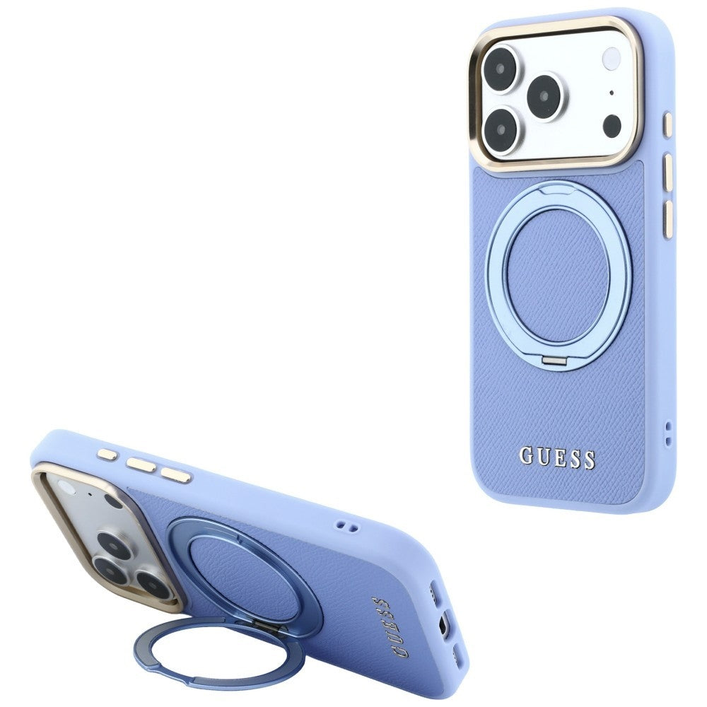 Калъф MagSafe за Apple iPhone 18 Pro / 17 Pro, Guess, Grained Ring Stand 360 Classic, синьо
