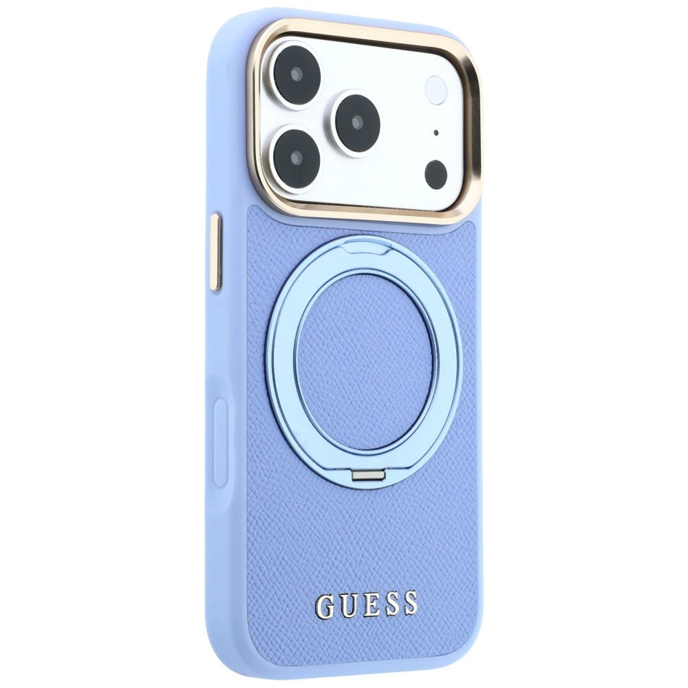 Калъф MagSafe за Apple iPhone 18 Pro / 17 Pro, Guess, Grained Ring Stand 360 Classic, синьо