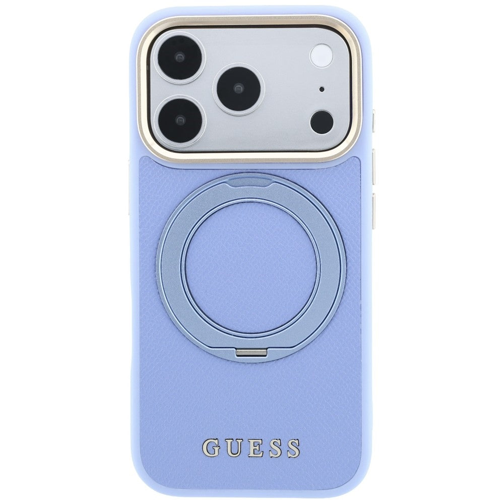 Калъф MagSafe за Apple iPhone 18 Pro / 17 Pro, Guess, Grained Ring Stand 360 Classic, синьо