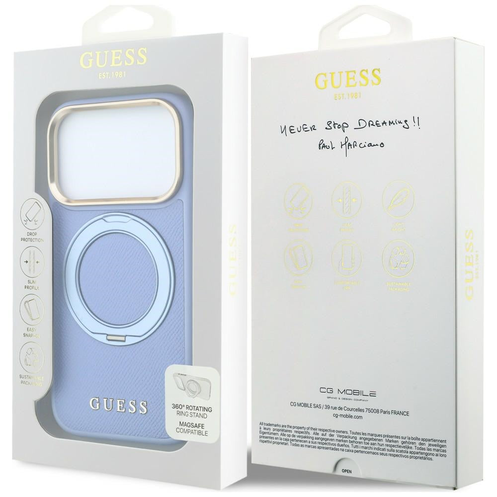 Калъф MagSafe за Apple iPhone 18 Pro / 17 Pro, Guess, Grained Ring Stand 360 Classic, синьо