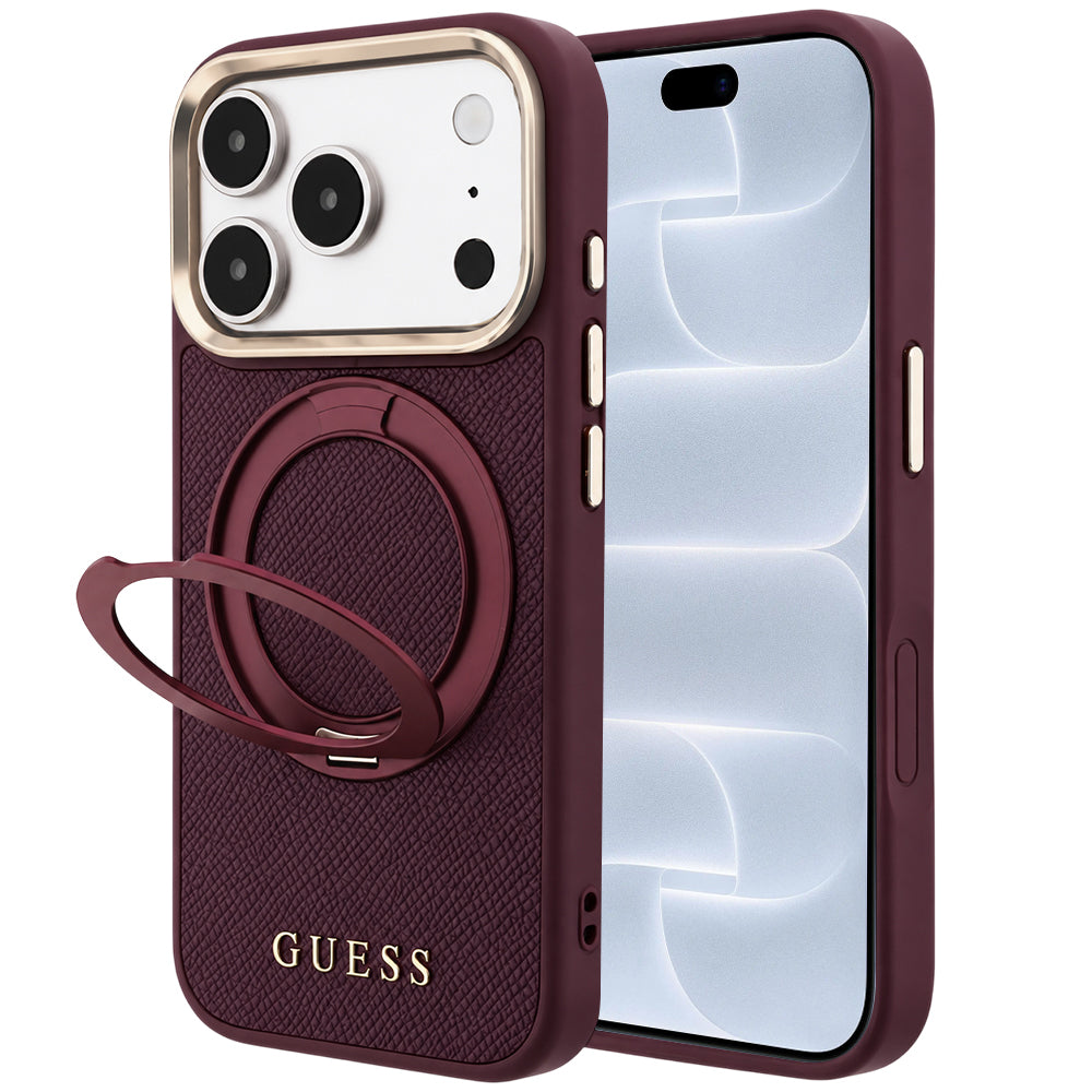 Калъф MagSafe за Apple iPhone 18 Pro / 17 Pro, Guess, Grained Ring Stand 360 Classic, бордо