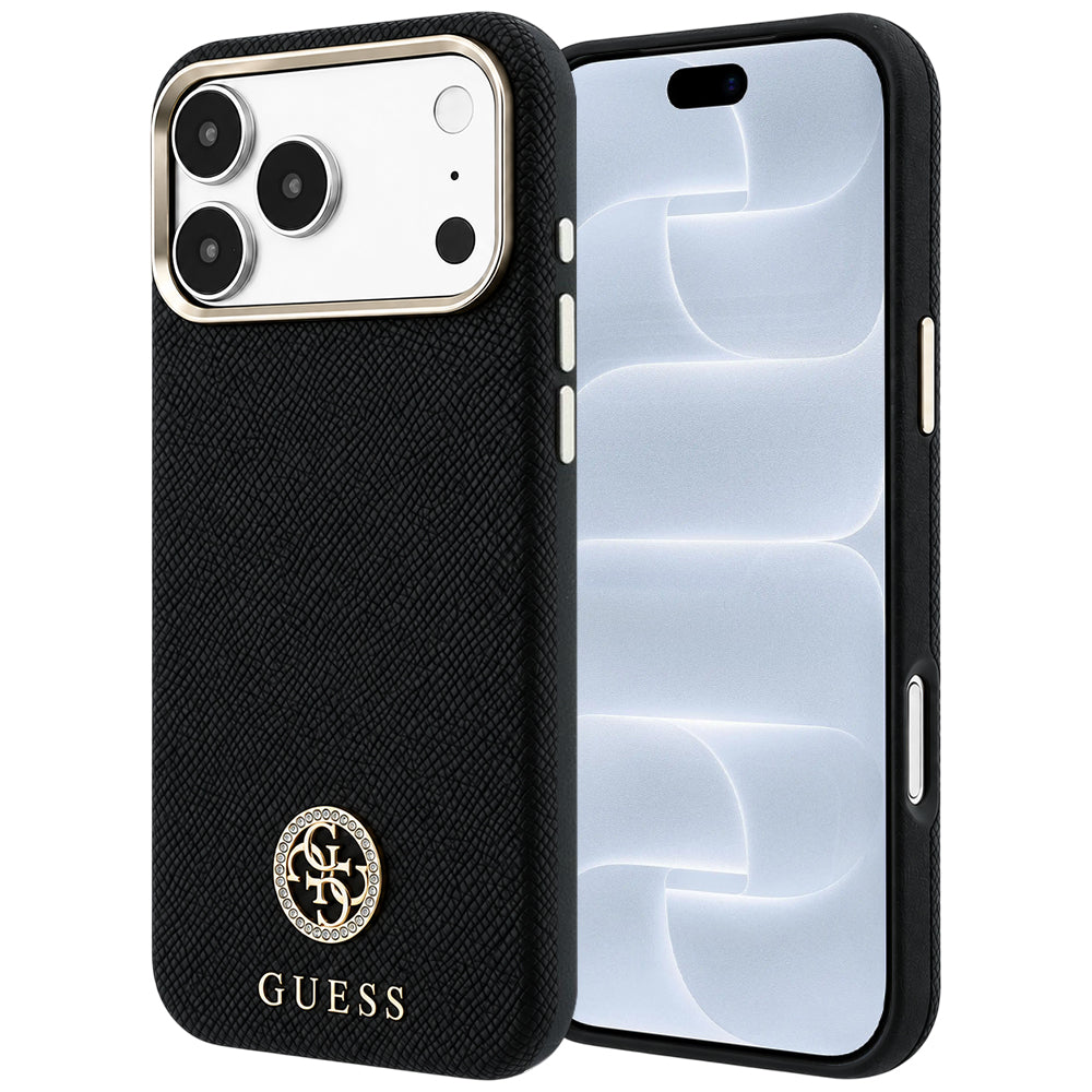 Калъф MagSafe за Apple iPhone 18 Pro / 17 Pro, Guess, зърнест кръгъл логотип с кристали, черен