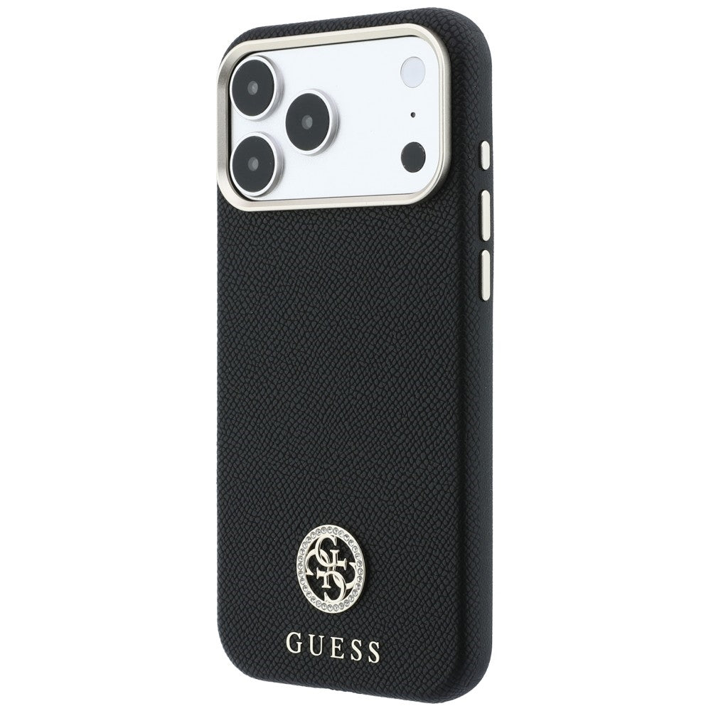 Калъф MagSafe за Apple iPhone 18 Pro / 17 Pro, Guess, зърнест кръгъл логотип с кристали, черен
