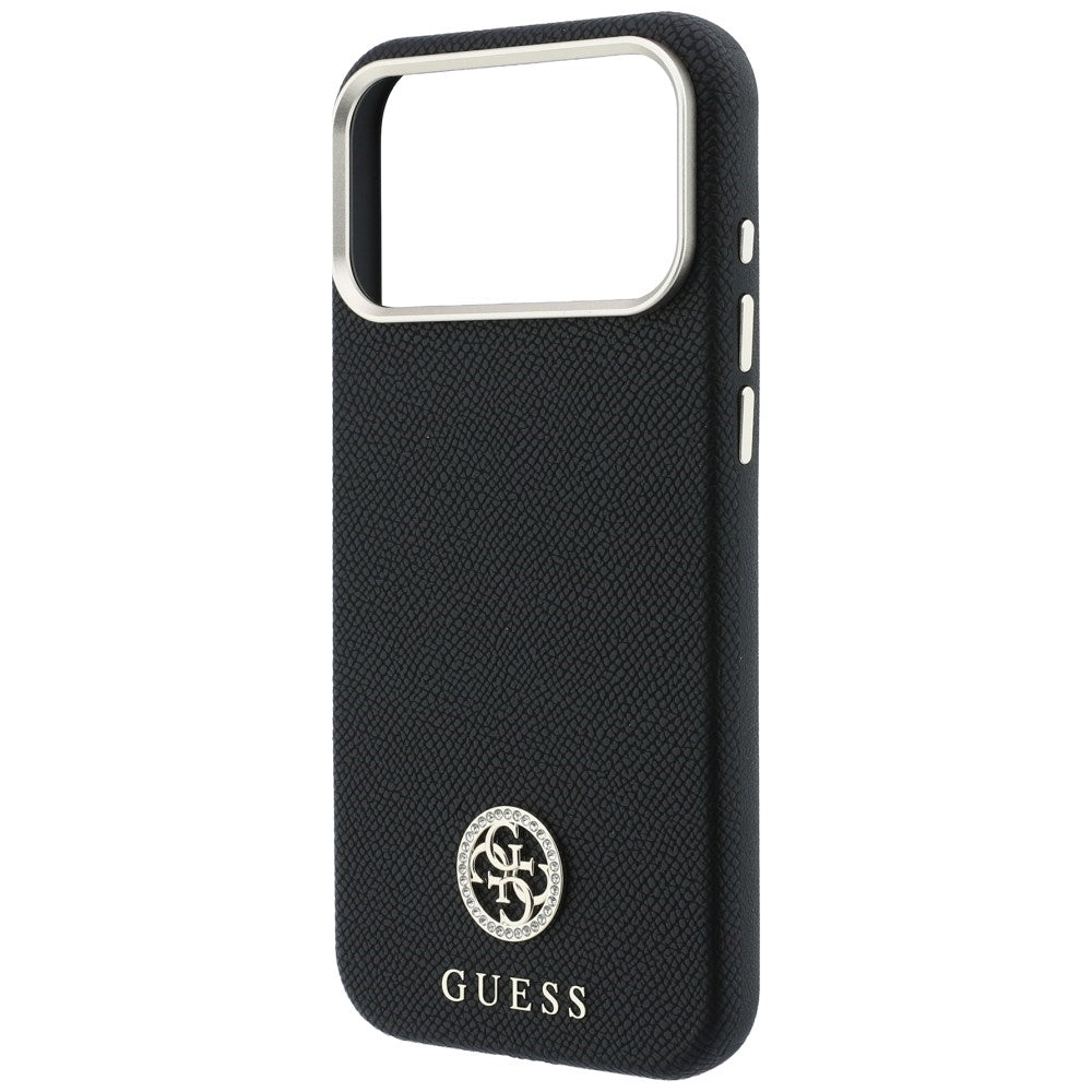 Калъф MagSafe за Apple iPhone 18 Pro / 17 Pro, Guess, зърнест кръгъл логотип с кристали, черен