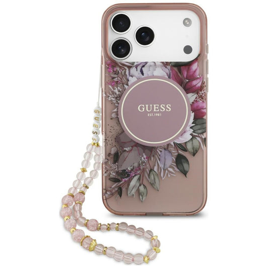 Калъф MagSafe за Apple iPhone 18 Pro / 17 Pro, Guess, IML Flowers with Pearl Strap, розов