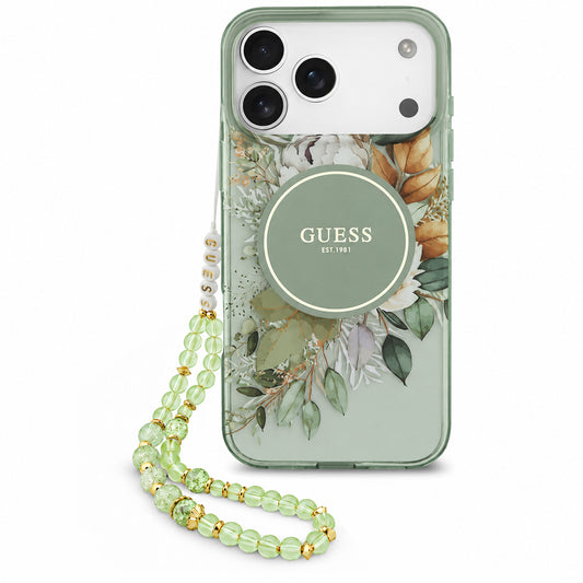 Калъф MagSafe за Apple iPhone 18 Pro / 17 Pro, Guess, IML Flowers with Pearl Strap, зелен