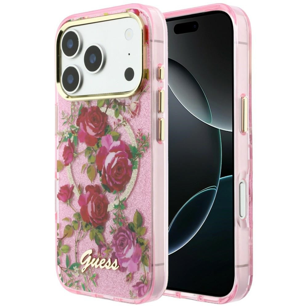 Калъф MagSafe за Apple iPhone 18 Pro / 17 Pro, Guess, IML Glitter Blossom Roses, Розов