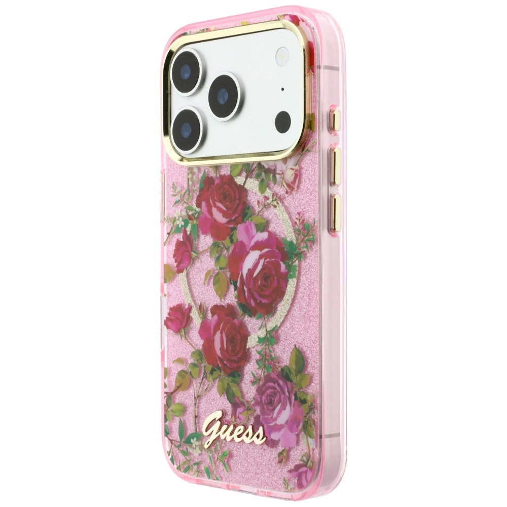Калъф MagSafe за Apple iPhone 18 Pro / 17 Pro, Guess, IML Glitter Blossom Roses, Розов