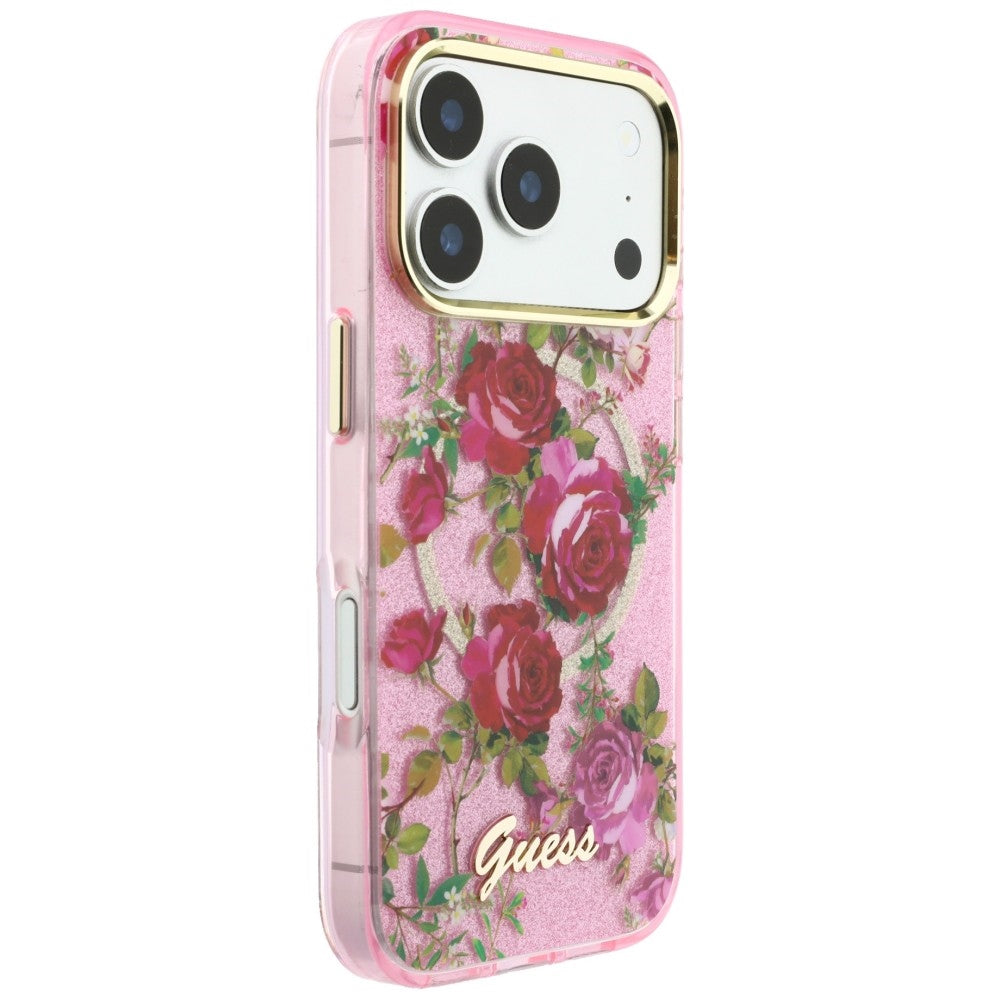Калъф MagSafe за Apple iPhone 18 Pro / 17 Pro, Guess, IML Glitter Blossom Roses, Розов