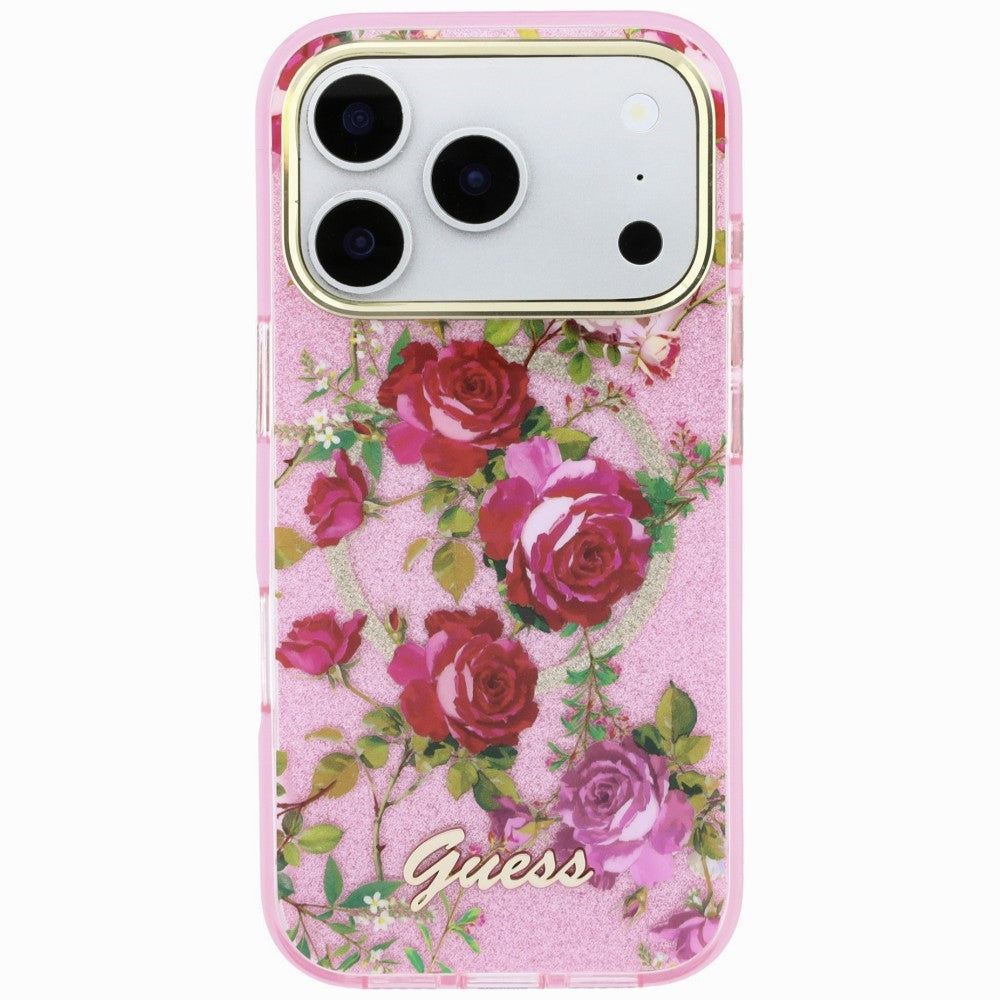 Калъф MagSafe за Apple iPhone 18 Pro / 17 Pro, Guess, IML Glitter Blossom Roses, Розов