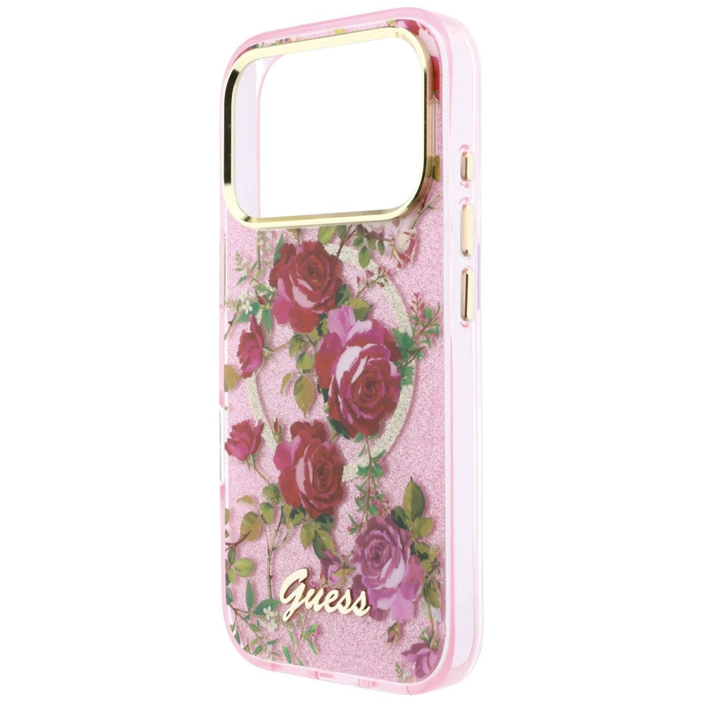 Калъф MagSafe за Apple iPhone 18 Pro / 17 Pro, Guess, IML Glitter Blossom Roses, Розов
