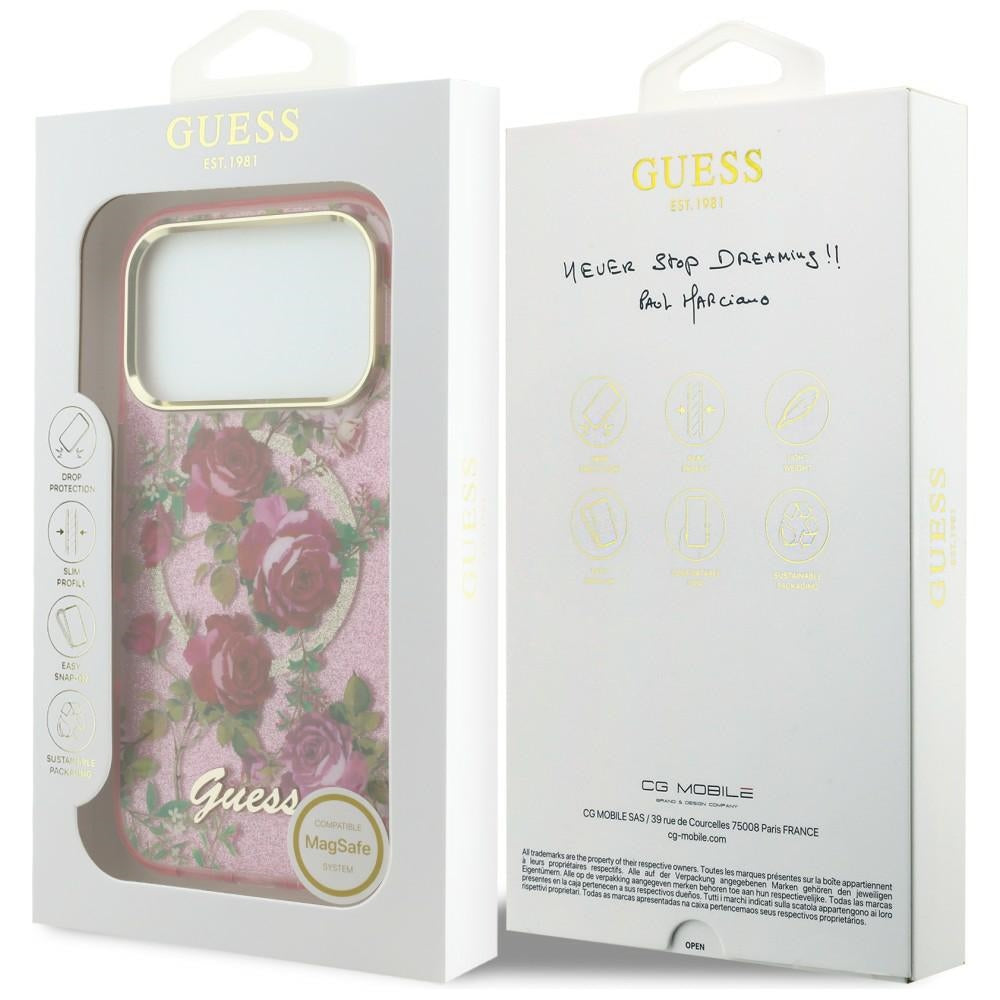 Калъф MagSafe за Apple iPhone 18 Pro / 17 Pro, Guess, IML Glitter Blossom Roses, Розов