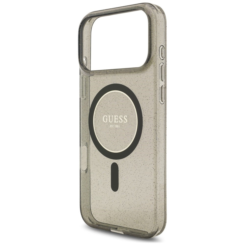 Калъф MagSafe за Apple iPhone 18 Pro / 17 Pro, Guess, IML Glitter with Pearl Strap, черен
