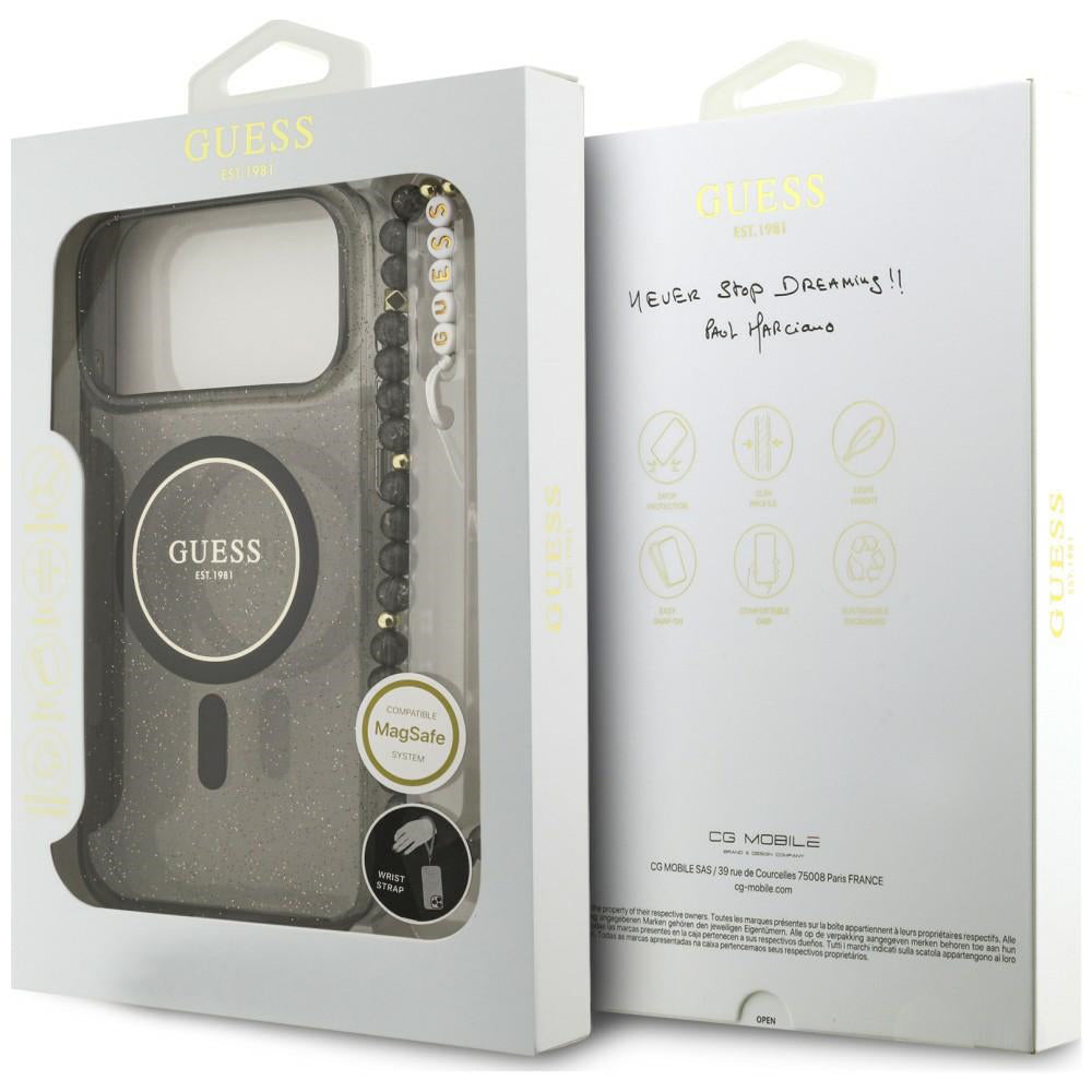 Калъф MagSafe за Apple iPhone 18 Pro / 17 Pro, Guess, IML Glitter with Pearl Strap, черен