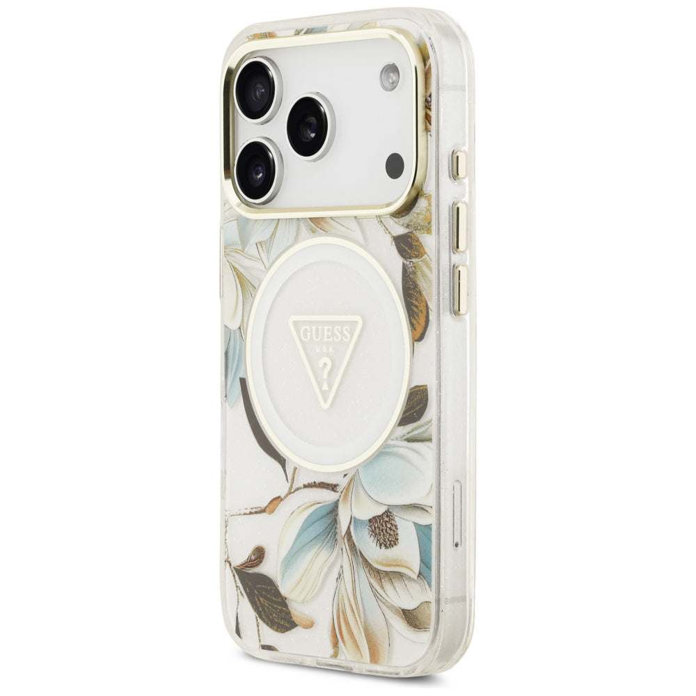 Калъф MagSafe за Apple iPhone 18 Pro / 17 Pro, Guess, IML Metal Glitter Flowers Triangle, Бял