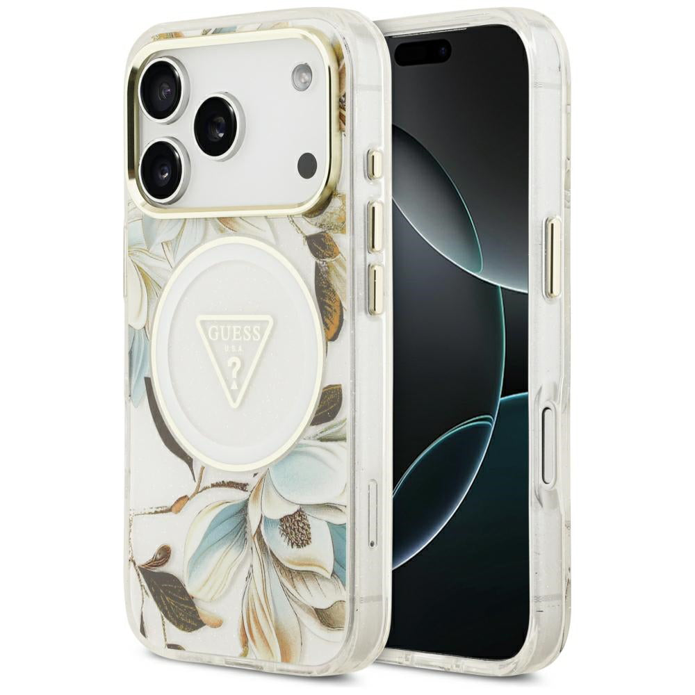 Калъф MagSafe за Apple iPhone 18 Pro / 17 Pro, Guess, IML Metal Glitter Flowers Triangle, Бял